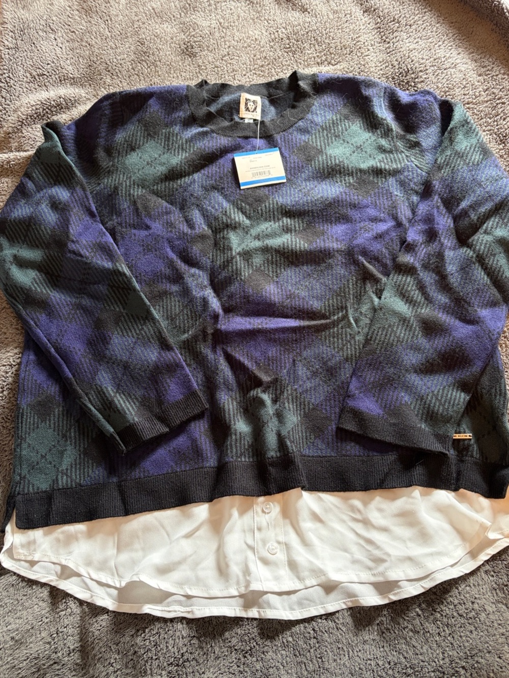 Anne Klein Black Sweater with Navy & Green Diamond Plaid